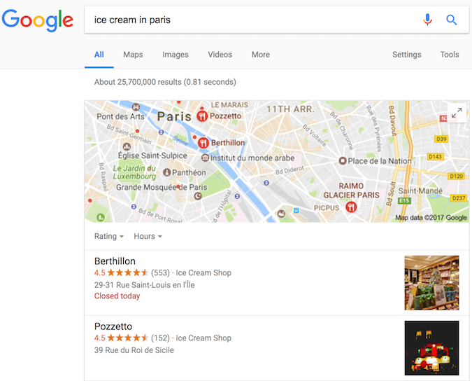 與冰淇淋店相關(guān)的 Google 搜索結(jié)果，顯示了由結(jié)構(gòu)化數(shù)據(jù)實現(xiàn)的富媒體搜索結(jié)果。