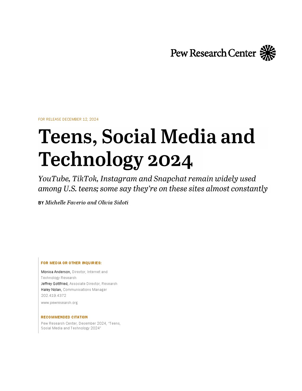 皮尤：2024年青少年、社交媒體和科技報告